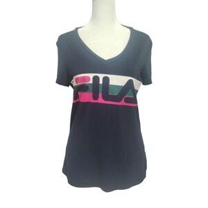 Fila Sport T-Shirt V Neck Navy Blue Logo Tee Sz S  Pink Green